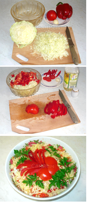 приготовление салата с помидорами и перцем