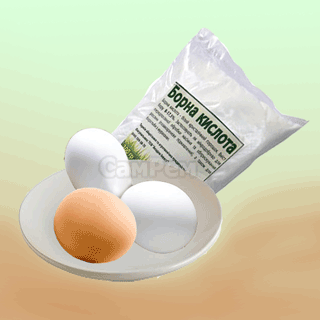 Яйца куриные на тарелке и пакет борной кислоты